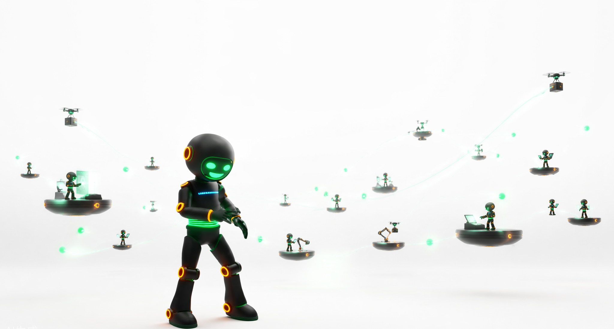 Chip and his robot crew carrying work across a bright connected world